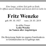 Traueranzeige Fritz Wenzke