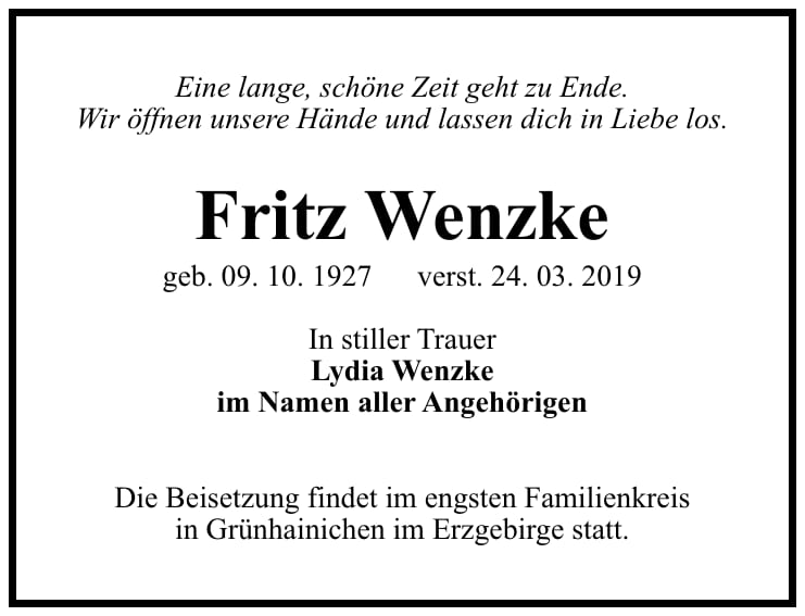 Traueranzeige Fritz Wenzke