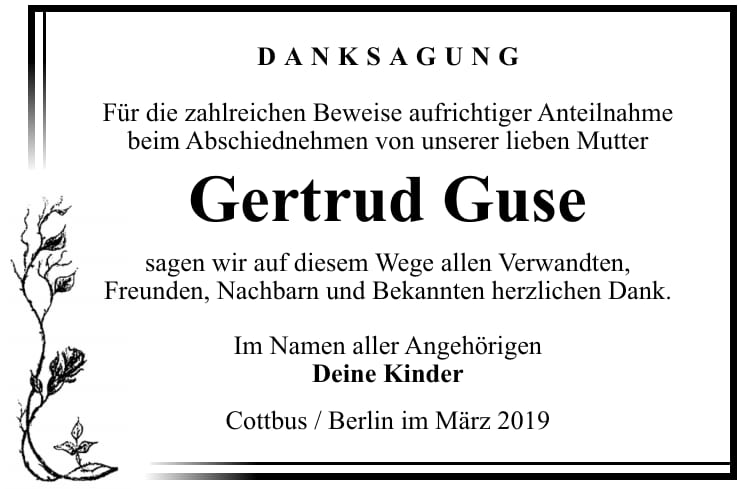 Traueranzeige Gertrud Guse