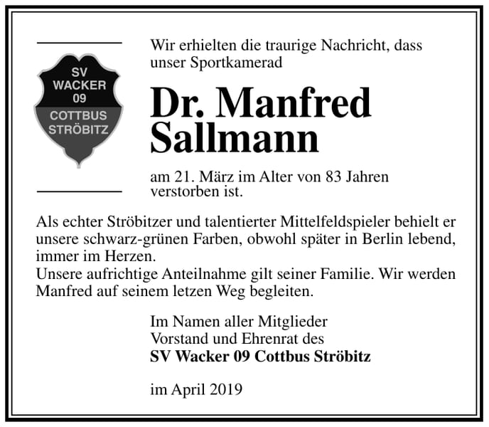 Traueranzeige Dr. Manfred Sallmann