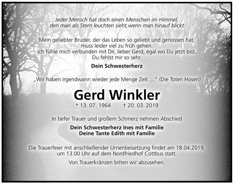 Traueranzeige Gerd Winkler