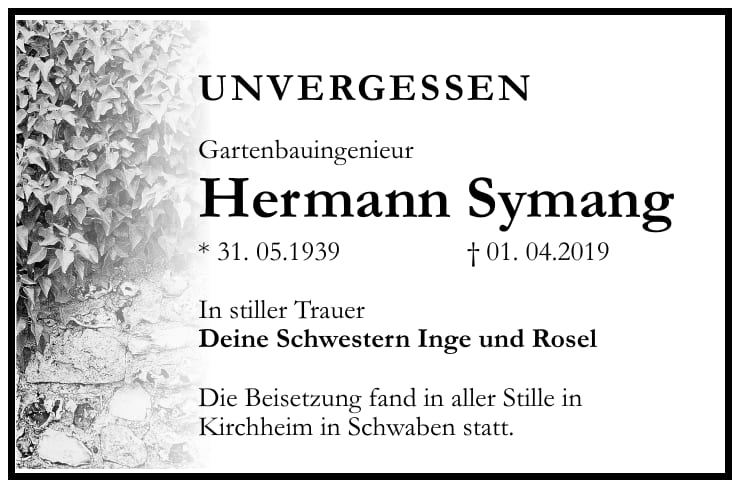 Traueranzeige Hermann Symang