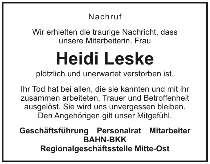 Nachruf Heidi Leske