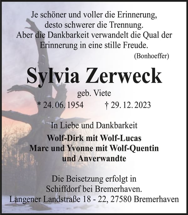 Traueranzeige Sylvia Zerweck, geb. Viete
