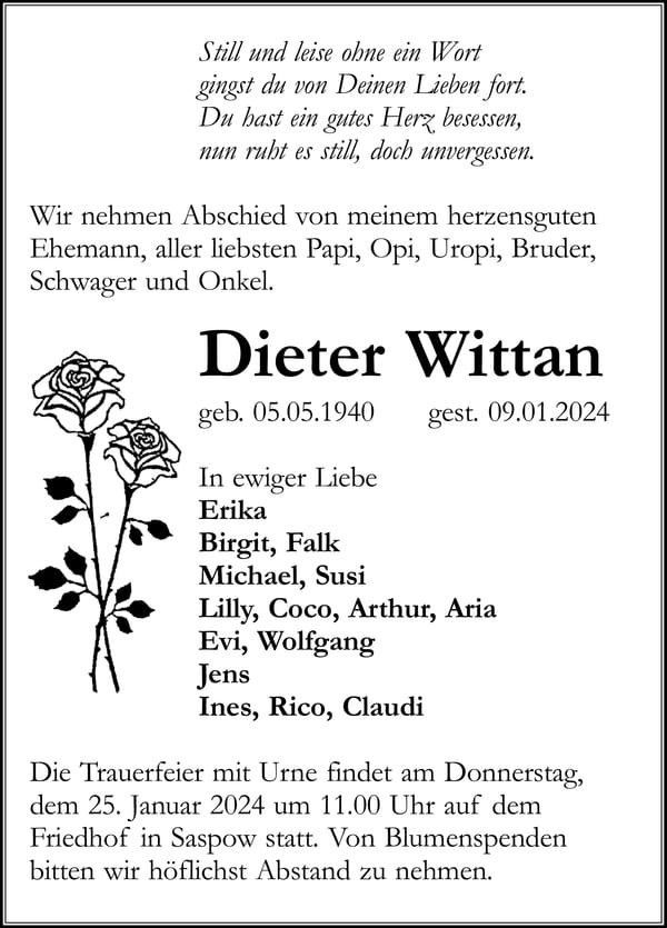Traueranzeige Dieter Wittan