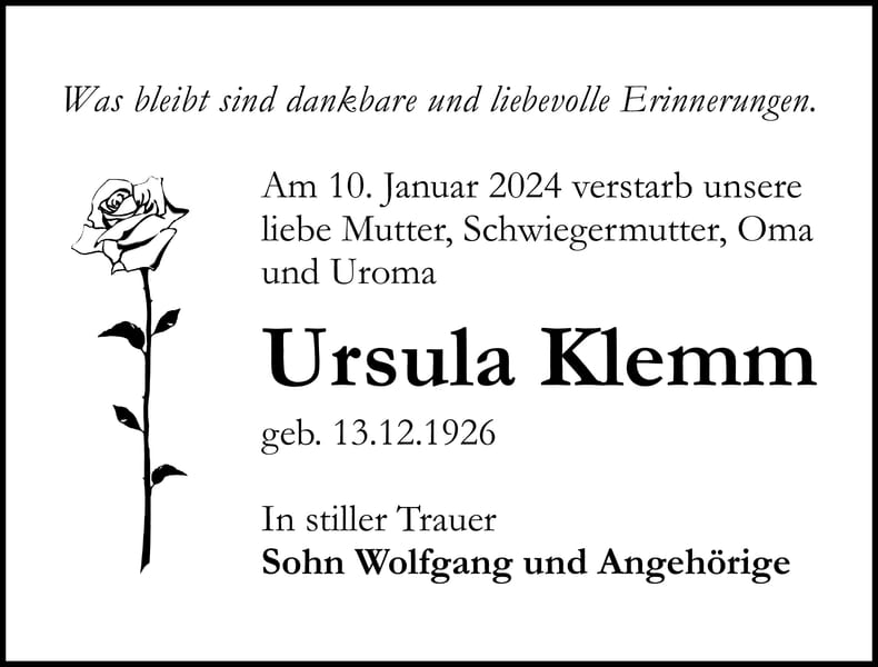 Traueranzeige Ursula Klemm
