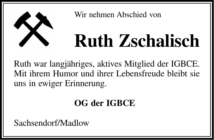 Nachruf Ruth Zschalisch