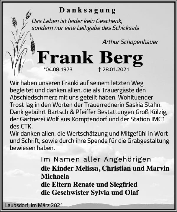 Danksagung Frank Berg