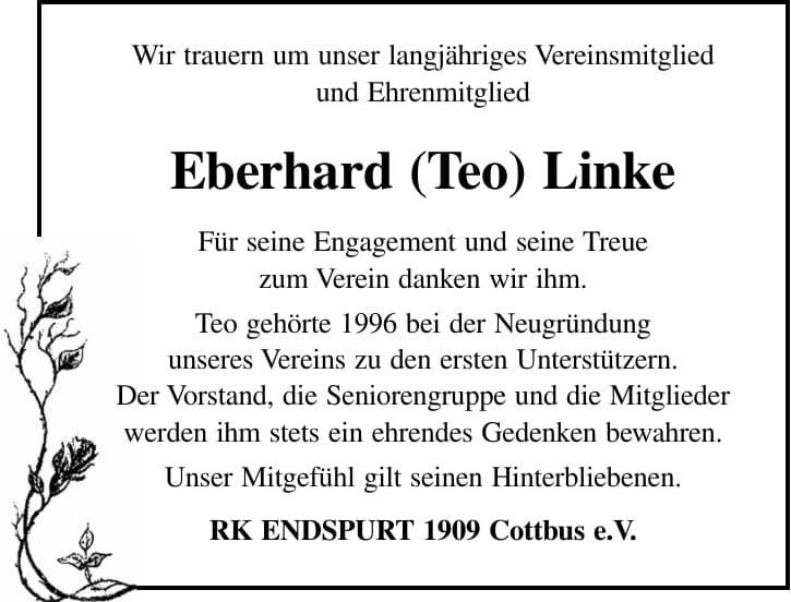 Nachruf Eberhard (Teo) Linke