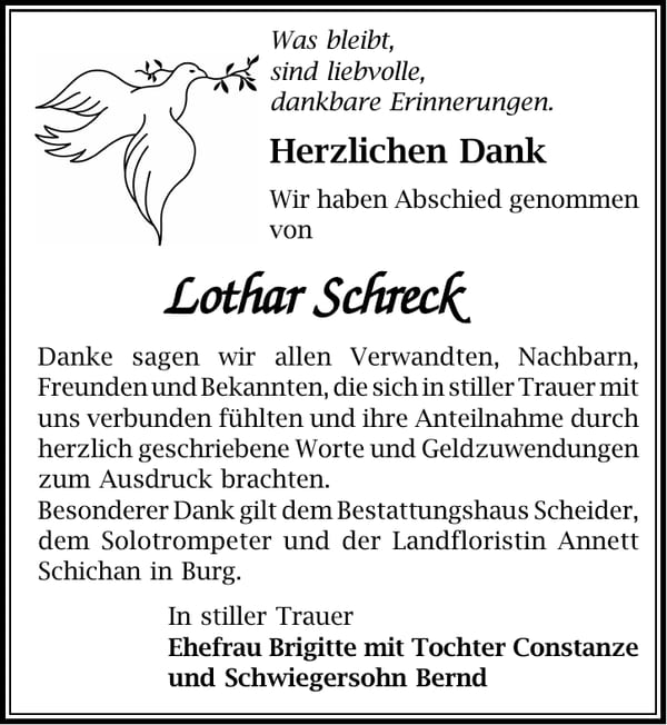 Danksagung Lothar Schreck
