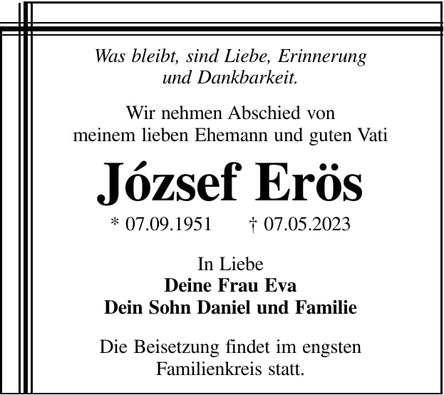 Traueranzeige József Erös
