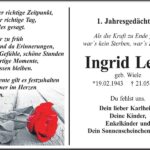 Jahresgedenken Ingrid Leyh, geb. Wiele