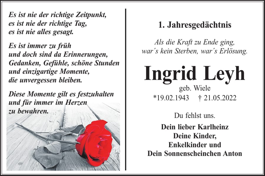 Jahresgedenken Ingrid Leyh, geb. Wiele