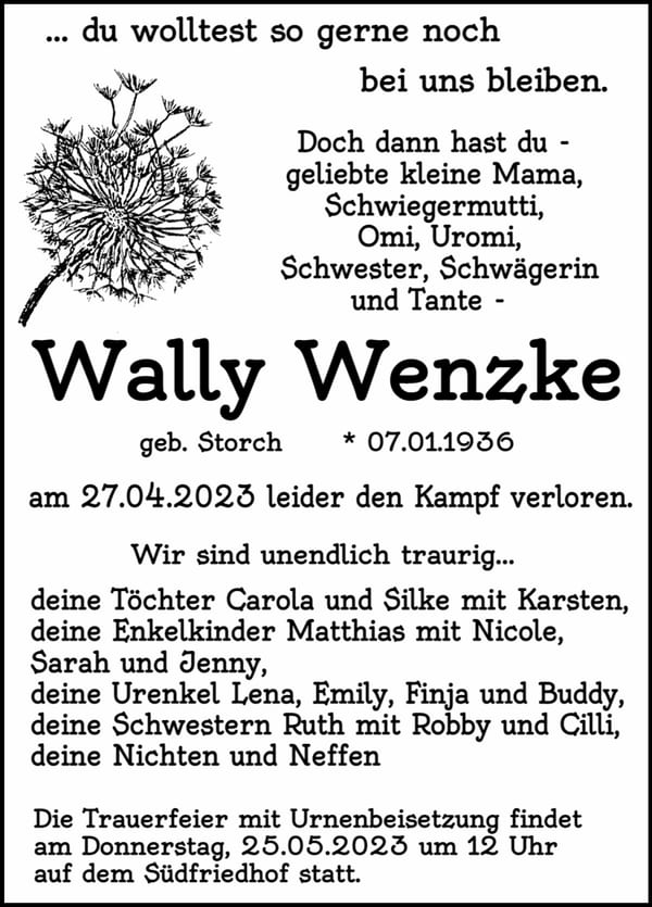 Traueranzeige Wally Wenzke, geb. Storch