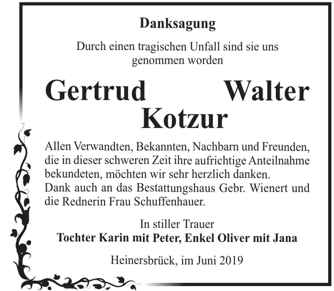 Traueranzeige Gertrud Walter Kotzur