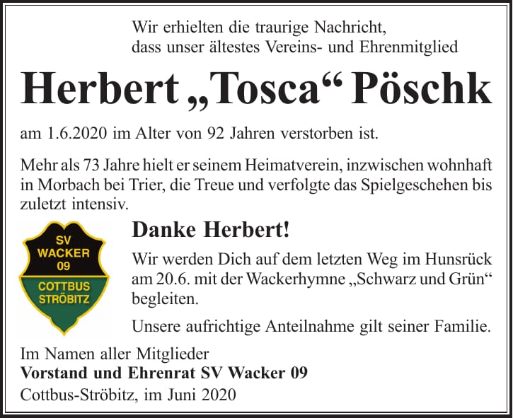 Traueranzeige Herbert „Tosca“ Pöschk