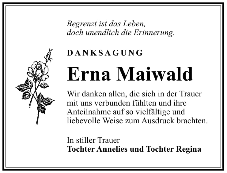 Traueranzeige Erna Maiwald