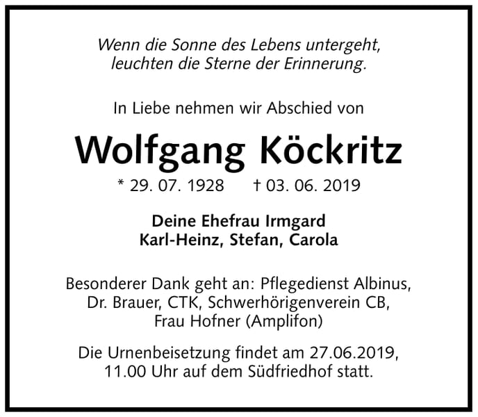 Traueranzeige Wolfgang Köckritz