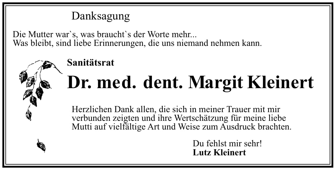 Traueranzeige Dr. med. dent. Margit Kleinert