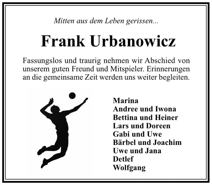 Traueranzeige Frank Urbanowicz
