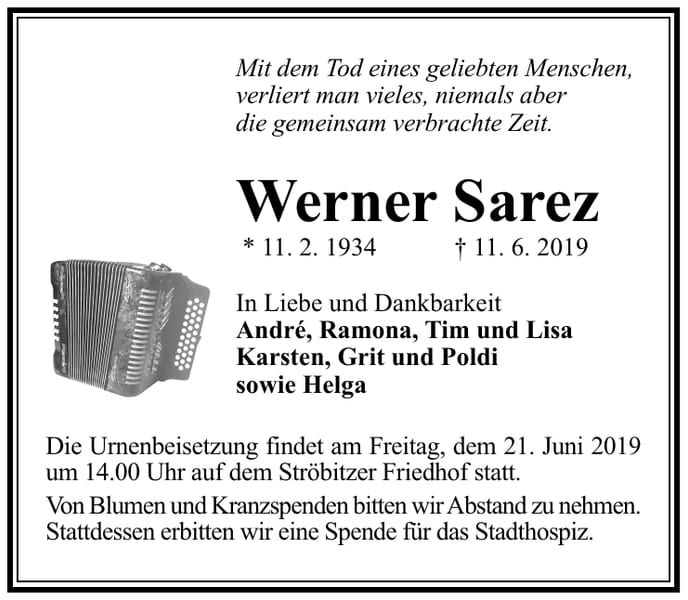Traueranzeige Werner Sarez