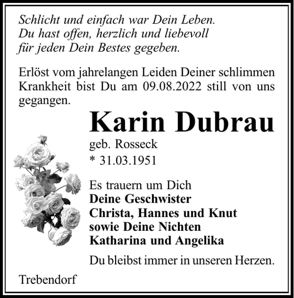 Traueranzeige Karin Dubrau, geb. Rosseck