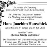Traueranzeige Hans Joachim Hanschick