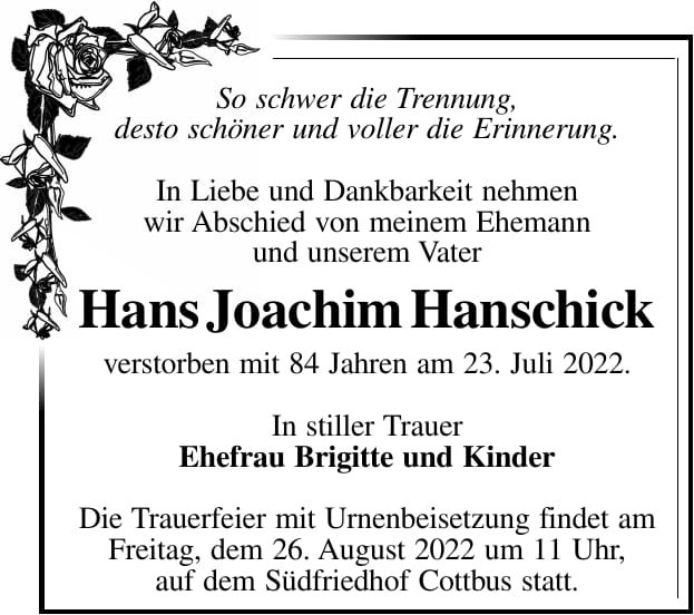 Traueranzeige Hans Joachim Hanschick