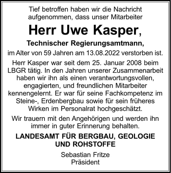Nachruf Herr Uwe Kasper
