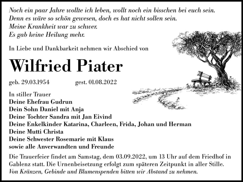 Traueranzeige Wilfried Piater