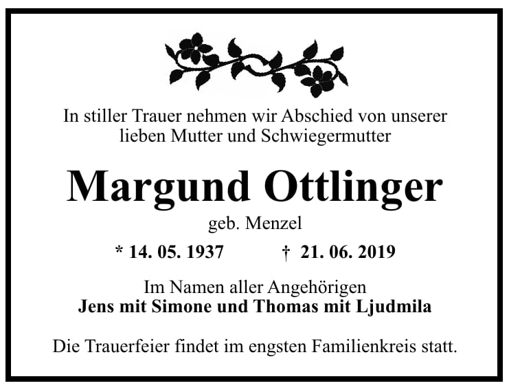 Traueranzeige Margund Ottlinger, geb. Menzel