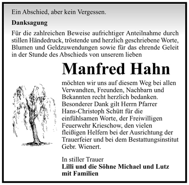 Traueranzeige Manfred Hahn