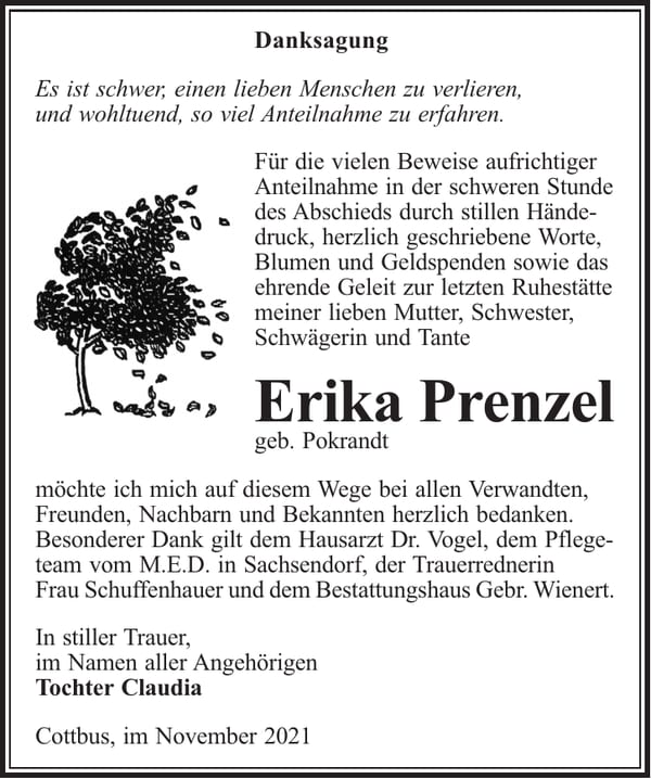 Danksagung Erika Prenzel, geb. Pokrandt