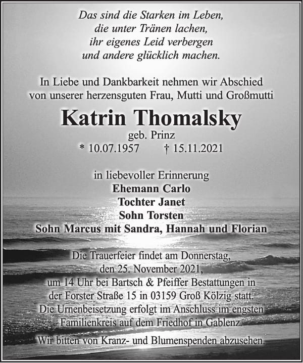 Traueranzeige Katrin Thomalsky, geb. Prinz