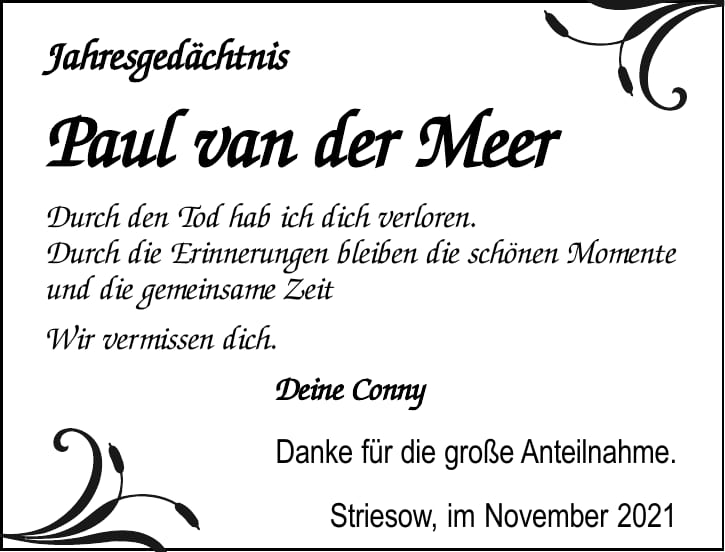 Jahresgedenken Paul van der Meer