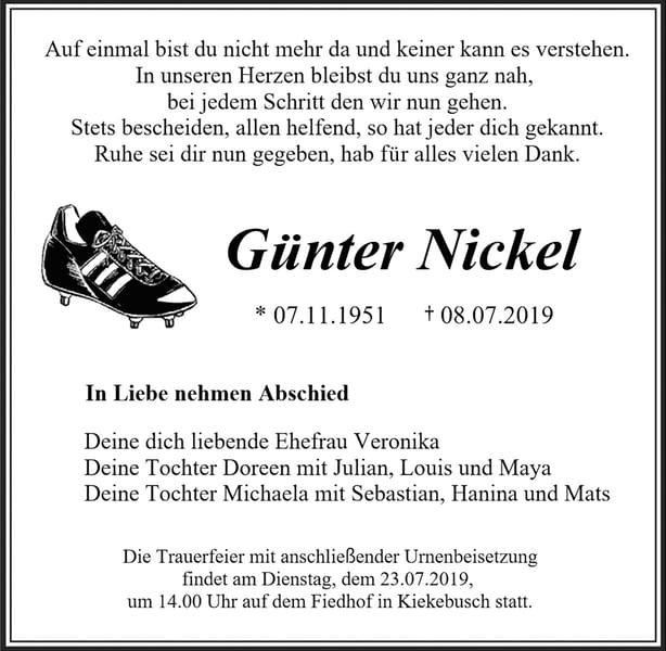 Traueranzeige Günter Nickel