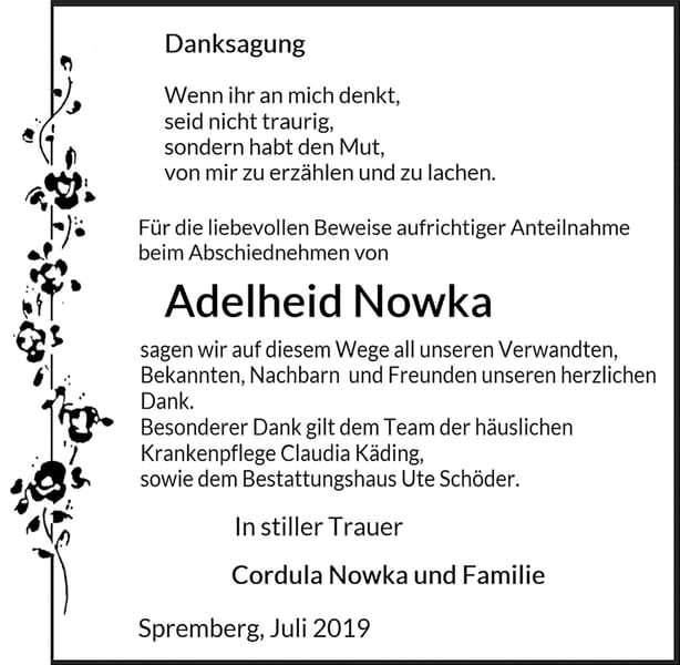 Traueranzeige Adelheid Nowka
