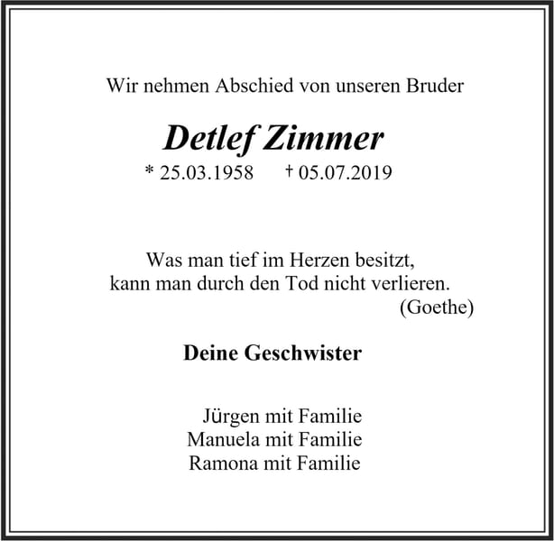 Traueranzeige Detlef Zimmer