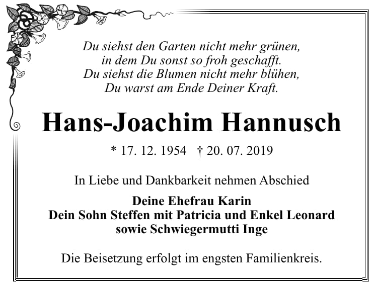 Traueranzeige Hans-Joachim Hannusch