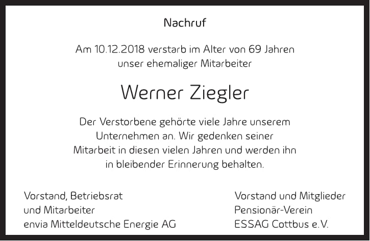 Nachruf Werner Ziegler