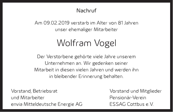 Traueranzeige Wolfram Vogel
