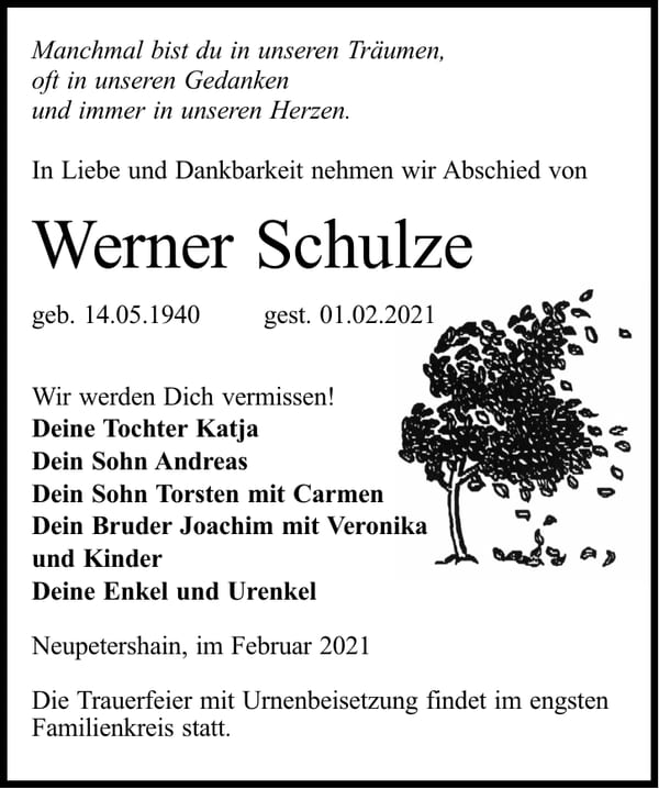 Traueranzeige Werner Schulze