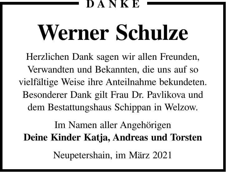 Danksagung Werner Schulze