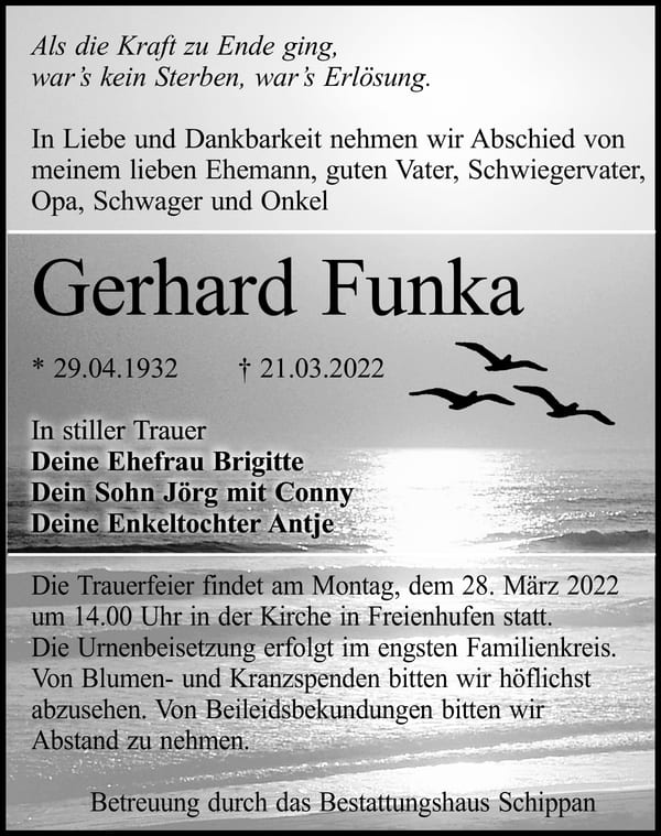 Traueranzeige Gerhard Funka