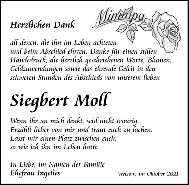 Danksagung Siegbert Moll