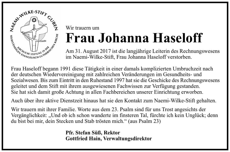 Traueranzeige Frau Johanna Haseloff