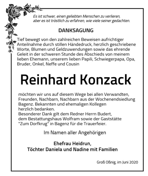 Traueranzeige Reinhard Konzack