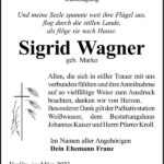Danksagung Sigrid Wagner, geb. Marko
