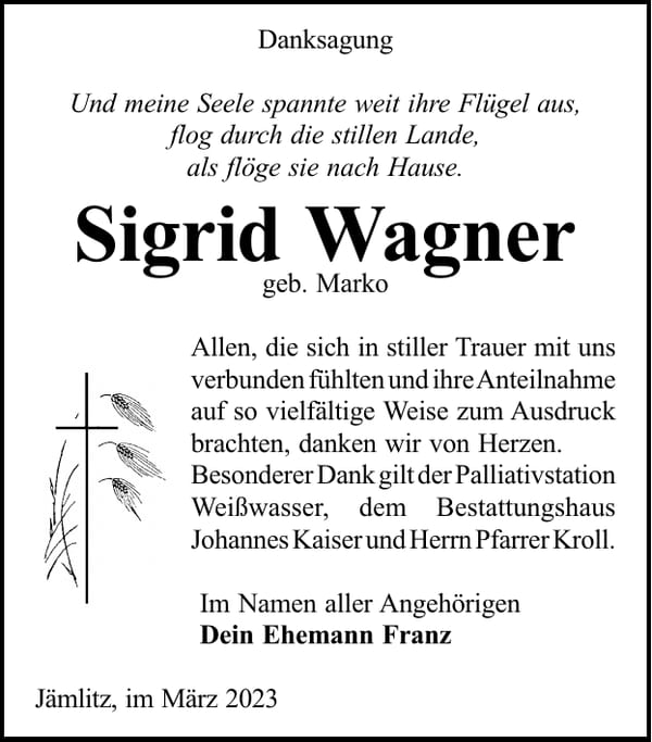 Danksagung Sigrid Wagner, geb. Marko