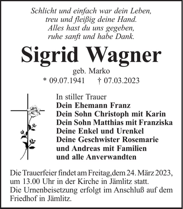 Traueranzeige Sigrid Wagner, geb. Marko